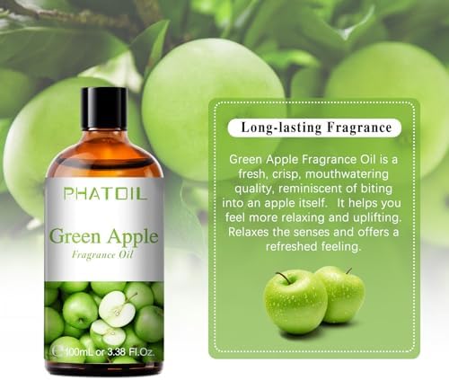PHATOIL Green Apple Fragrance Oil for Diffuser Aromatherapy 3.38FL.OZ | Long Lasting Scented Oils For Humidifier, Air Freshener, DIY Soap Candle, Scent Project Making, Aroma Oil for Home Freshening