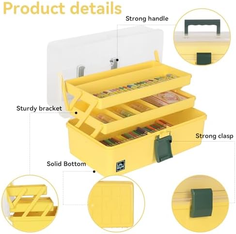 WEWLINE 13-Inch Art Box Sewing Storage Organizer 3-Layers Craft Storage Organizer with Handle Plastic Storage Boxes Organizers for Kids Student Artist,Yellow