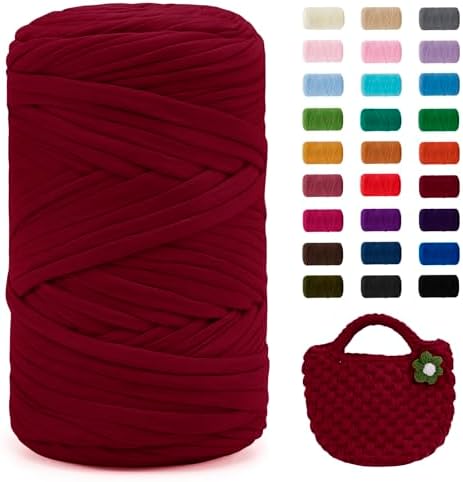 JeogYong T-Shirt Yarn, 400g/131 Yards Elastic Fabric Crochet Cloth T Shirt Yarn, Thick Hand Knitting Polyester Fabric Ribbon for Crocheting Bags/Baskets/Rugs, Home Decor, DIY Crafts (Wine Red)