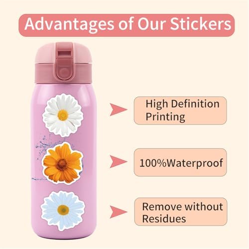 Cute Daisy Flower Stickers.55Pcs Beautiful Plants Vinyl Waterproof Flower Stickers for Water Bottles Laptop Luggage Journaling,Party Rewards Decals for Teens Adults Gifts,Scrapbook(Colourful-K8)