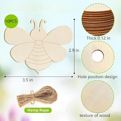 Wooden Bee Ornament, 10pcs Blank Wood Ornaments,3.5x2.9 in Used for Painting and Decoration DIY Technology, Hanging skrnrhrery