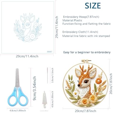Zhenqing Deer Embroidery Kit for Beginners, Cute Fawn Needlework Craft with Pre-Printed Cotton Fabric, Hoop, Threads & Tools, Woodland Animal Decor, 29x29cm (C0057)