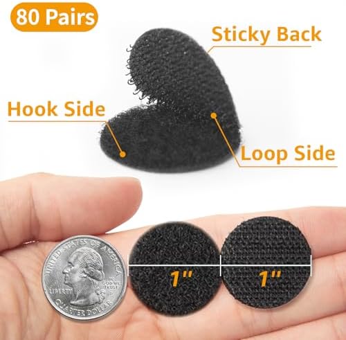 160pcs (80 Pairs) 0.98" Diameter Self Adhesive Dots Black, Hook & Loop Dots Sticky Back Coins for School, Classroom, Office, Home, Mounting, Arts and Crafts