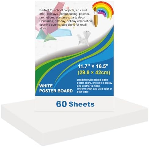 60 Pcs White Poster Board Paper 11.7 x 16.5, ROOKEA White Vision Boards Bulk Smart Posterboard Blank Graphic Display Card Paper for Drawing Artwork School Arts Crafts Classroom Projects Scrapbooking