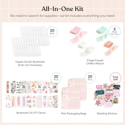 YOPPIX 6x2” Acrylic Bookmark Blanks- 20 Set Bookmark Making Kit with 20 UV DTF Stickers About Booklover Theme 20 Ribbon 80 Bookish Stickers for DIY Your Crafts Gift for Book Lover