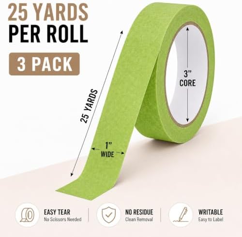 Light Green Masking Tape 1 Inch Wide, 3 Rolls Painters Tape 1 inch x 25 Yds
