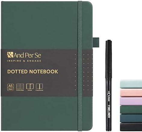 &And Per Se Dotted Notebook with Pen, A5 Hardcover Dotted Journal, 160 Pages 100GSM Thick Paper Dot Grid Journal with Fineliner Pen (Green)