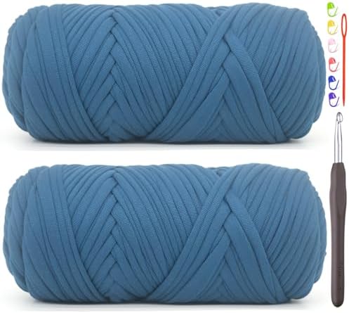 2 Pack Tshirt Yarn for Crocheting,Blue T Shirt Chunky Elastic Fabric Thick T-Shirt Crochet Yarn for Beginners Crocheting Hand Knitting Bag/Basket/Coasters/DIY Crafts/Home Decor 2 * 200G(Denim Blue