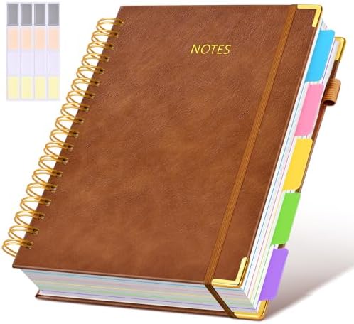 Hardcover Spiral Notebook Journal with Removable Dividers Tabs, 300 Pages Leather 5 Subject Notebook College Ruled, 8"x10" Large B5 Notebooks for Work School, Lined Journal for Women, Light Brown