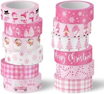 Whaline 12 Rolls Pink Christmas Washi Tape Winter Snowflake Santa Xmas Tree Washi Tape Christmas Holiday Pink Decorative Masking Tape Assortment for Scrapbook Journal DIY Crafts Gift Wrapping
