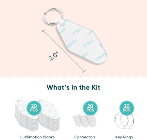 YOPPIX 60 Pcs Sublimation Acrylic Motel Keychain Blank kit, with 20 Fixing Clips and 20 Key Rings for Heat Transfer Keychain Bag Decor Room Labels Hotel Key Tags Home Gift Crafts Supplies