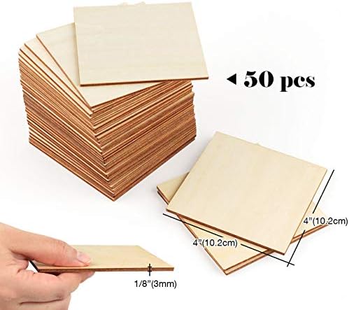 ilauke Wood Squares 4x4 Inch, 50Pcs Unfinished Square Wood Pieces 1/8 Inch