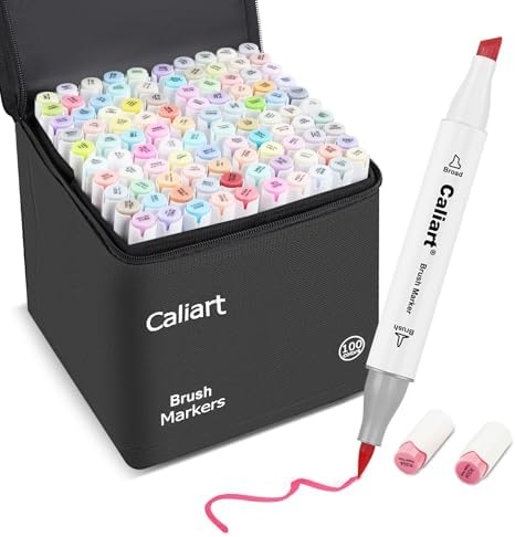 Caliart 100 Colors Pastel Alcohol Markers Brush Tip & Chisel Art Markers | Permanent Pens Art Supplies Gift for Adults Coloring Book, Drawing Illustration Sketch Coloring Markers Set with Carry Case