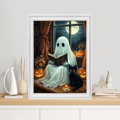 TYPUSOK Halloween Ghost Diamond Art Kits for Adults,Round Full Drill 5D Diamond Painting Kits for Beginners,Black Cat DIY Diamond Dots Pictures Gem Art Kit,Home Wall Decor 12x16in