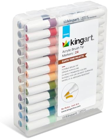 KINGART 24-Piece Earth Tone Acrylic Paint Brush Tip Marker Set – Flexible Fiber Brush Tips – Smooth Opaque Water-Based Ink for Nature Illustration and DIY Crafts – 24 Unique Earth Tone Colors