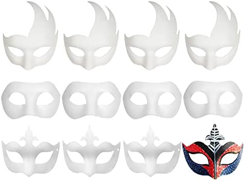CSPRING 12PCS Cute Paper Face Paintable White Plain DIY Mask for Mardi Gras Cosplay Masquerade Dance Party
