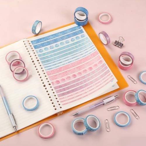 Washi Tape Set of 18 Rolls, Assorted Sizes, Decorative Tape for Journaling, Scrapbook, DIY Décor, Craft Supplies, Gift Wrapping, Metallic Foil, Celestial Pink and Blue