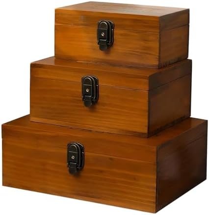 Vintage Wooden Storage Boxes Set of 3 I Zakka Style Organizer with Hinged Lids & Locks I 3 Sizes for Jewelry, Keepsakes, Letters & Desk I Stackable Rustic Wood Display Treasure Boxes for Home Decor