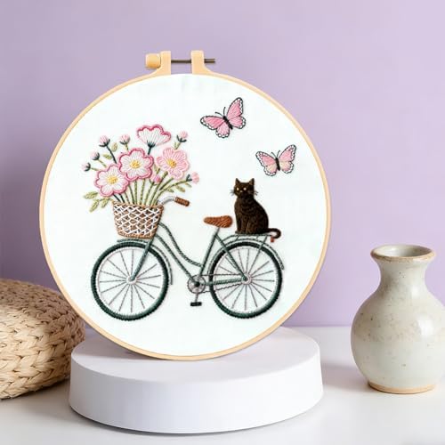 FREEBLOSS 4 Sets Embroidery Kit for Beginners Needlepoint Embroidery Starter Kit with Flower Theme Stamped Patterns, Instructions, Colored Threads, 2 Hoops 20cm/7.9inch