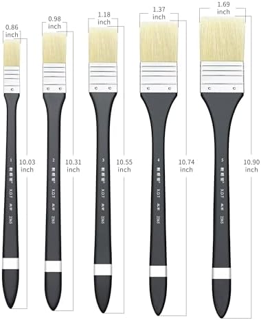 XDT#2365 Hake Artist Paint Brush 5 Piece Set, Hog Bristle Flat Paint Brushes for Acrylic, Oil & Watercolor Painting, Assorted Sizes 0.59" to 1.54" for Craft & DIY Projects