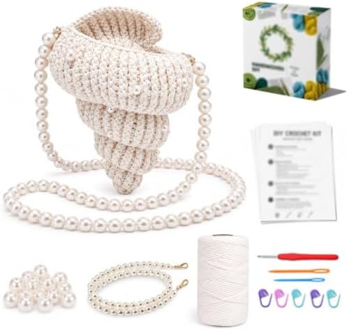 DIY Crochet Conch Shell Shoulder Bag Kit for Beginners – Handmade Yarn Purse Craft Set with Flat Rope, Pearl Beads, Chain Strap & Instructions – Easy Beginner Crochet Bag Making Kit for Adults