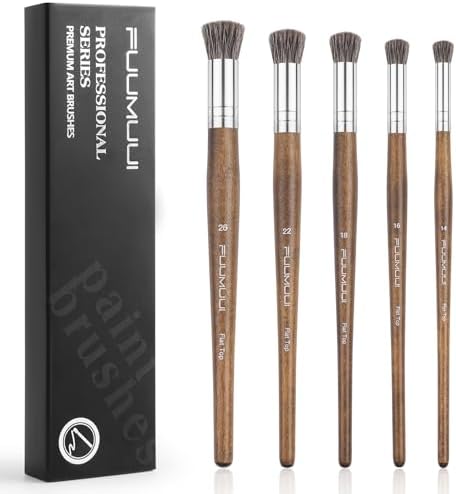Professional Oil Paint Brushes, Fuumuui 5Pcs Natural Badger Bristle Blending Brush Set for Acrylic, Oil and Gouache - Round Flat Top Shape with Birch Handle