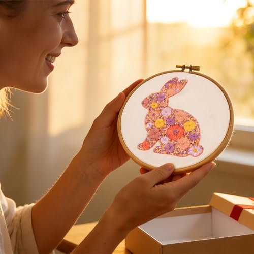Easter Embroidery Kits for Beginners Adults, Flowers Bunny Embroidery Kits, Hand Stamped Cross Stitch Kits for Beginners Adults & Women Easter Gifts, Entire Set of Embroidery Supplies & Video Tutorial