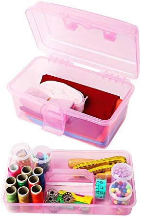 Multipurpose Plastic Storage Container Organizer Box Case with Removable Tray and Handle for Art, Craft, Sewing Supplies, Clear&Pink