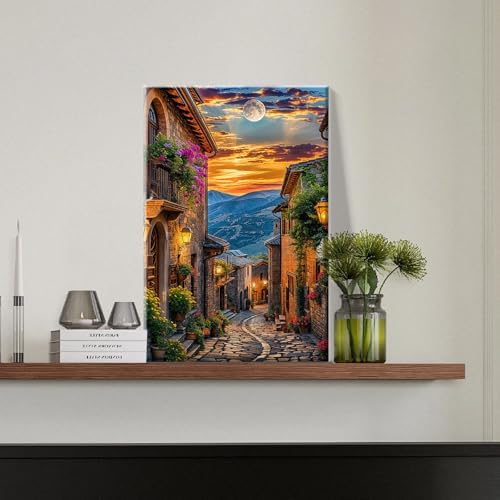 JOOZ Paint by Numbers Kit for Adults Landscape Paint by Number with Frame Town Street Paint by Number with Easel Moon Oil Painting Kits for Gift Home Wall Decor 7.87x11.81 Inch