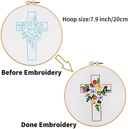 Louise Maelys Cross Lily Pattern Embroidery Starter Kit, Cross Stitch Kits for Adults with Embroidery Hoop Needles Threads Instruction -Easter Jesus