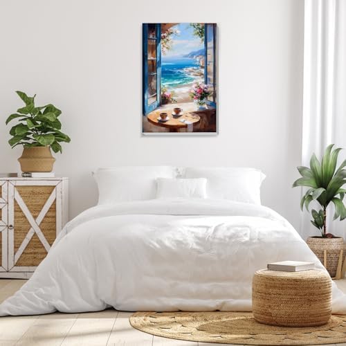 Bowetile Framed Landscape Paint by Numbers Kit for Adults, Adults' Paint-by-Number Kits on Canvas, Painting by Numbers Seaside, Acrylic Number Painting for Home Wall Decor, 8x12in
