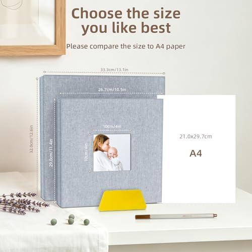 Popotop Photo Album Self Adhesive with Picture Display Window,40 Pages DIY Scrapbooking Supplies Kit for 4x6 10x12 Picture,Linen Cover Memory Book for Baby Wedding, with Scraper and Metallic Pen