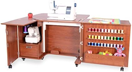 Arrow K8405 Wallaby Kangaroo Sewing, Cutting, Quilting, Crafting Cabinet and Table, Includes Storage and Airlift, Portable with Wheels, Teak Finish