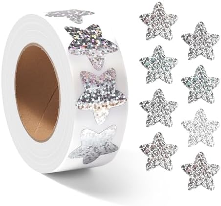 Gsinodrs 1000Pcs Silver Star Stickers - 1 Inch Holographic Self-Adhesive Metallic Foil Star Labels, Sparkly Reward Stickers for Classroom Supplies, Teacher Incentives & Behavior Tracking