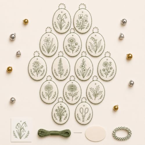 Beginner-Friendly DIY Heirloom Oval Embroidery Ornament Kit Collection, Christmas Embroidery Kit, Threads & Tools, Complete Craft Kits for Adults, Xmas Tree Hanging Decor (Flowers)