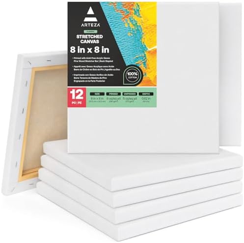 ARTEZA Stretched Canvas, 8 x 8 Inches, Pack of 12, Blank White Square Canvas for Painting for Acrylic, Oil and Gouache Paints | White Cotton Surface, Wood Bars, Pre-Primed, For Acrylic, Oil, Gouache, Tempera, Pouring Art and Wall Sets
