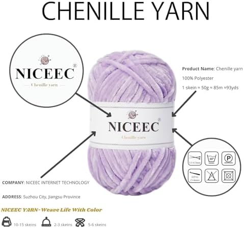 NICEEC 3 Skeins Soft Chenille Yarn 3 x85m (3X 93yds, 3X 50g)_Light Purple