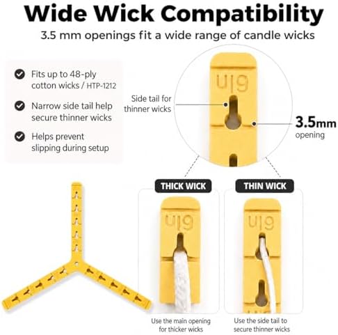 3-Wick Candle Holder | Wick Centering Tool | Includes 2 Sizes Wick Stickers (40 Large + 48 Small) + 1 Cotton Linen Bag | ABS Material for Better Heat Resistance