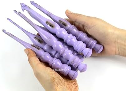 Handmade Ergonomic Wooden Crochet Hooks for Arthritic Hands (Set of 7) Needles for Yarn Accessories | Size 4 mm to 10 mm with Engraved | Yarn Tool (Purple)