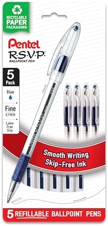 Pentel RSVP Ballpoint Pen, Fine Line, (0.7mm), Blue Ink (BK90BP5C) (Pack of 1, 5 Count Total)