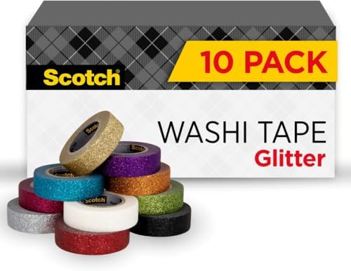 Scotch Glitter Washi Tape, 10 Rolls, Great for Holiday DIY and Wrapping, School Supplies, Craft Supplies, and Teacher Appreciation Gifts (Pack of 80)
