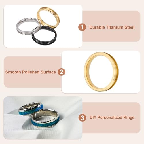 MECCANIXITY 3 Pcs Titanium Steel Ring Blank, 4mm Width Grooved Inlay Ring Blanks for Jewelry Making DIY Craft Supplies(Black/Gold/Silver, Size 9)
