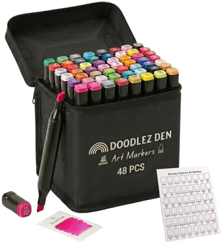 Alcohol Markers Set 48 Colors, Dual Tip Art Markers, Alcohol Based Markers for Adult Coloring Books, Artist Supplies, Chisel & Fine Tip with Black holder, Color Checking Card