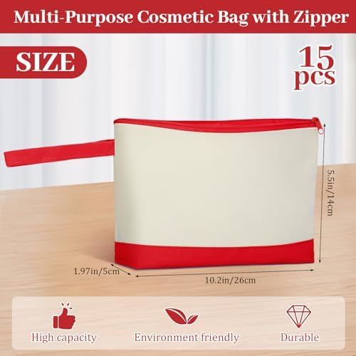 Silkfly 15 Pcs Cotton Canvas Makeup Bags Cosmetic Zipper Bags 10.2 x 5.5 x 2'' Blank DIY Pouch Bulk Pencil Case with Bottom Travel Toiletry Pouch for Women Craft Decor Gift (Beige and Red)