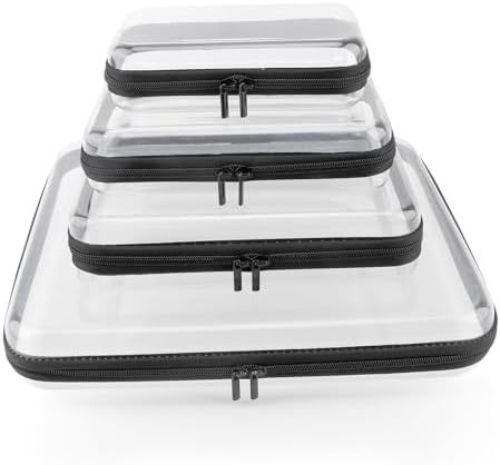 YOPCDJ Clear Hard Shell Zipper Case, Clear Zipper Pouches Waterproof Makeup Organizer & Travel Toiletry Storage Bag, Plastic Pouch for Office, Home, Black, 4Pack XL+L+M+S