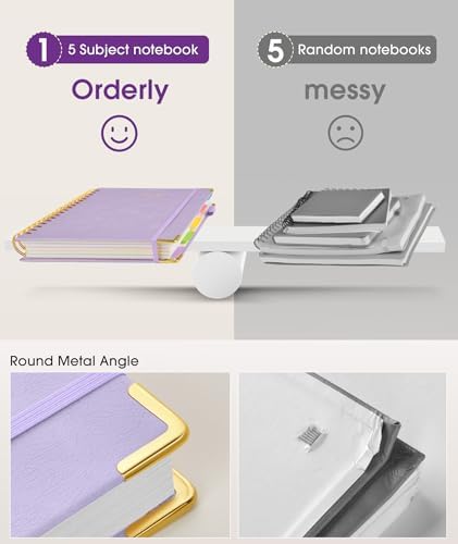 Hardcover Spiral Notebook journal with Removable Dividers Tabs, 300 Pages Leather 5 Subject Notebook College Ruled, 100GMS A5 Notebooks for Work School Note taking,Lined Journal for Women,A5 Purple
