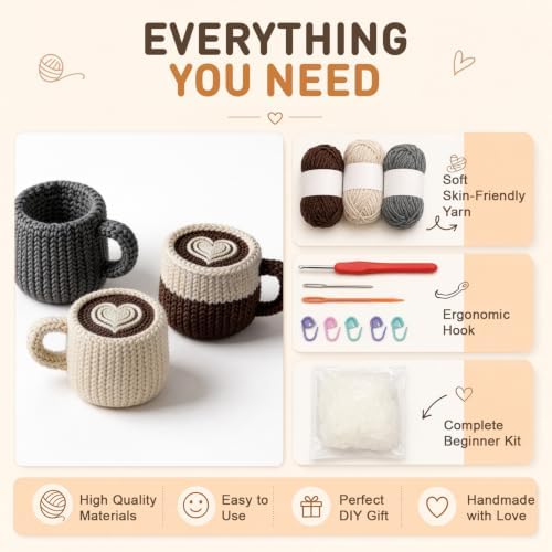 FACE N FACE DIY Crochet Coffee Mug Kit for Beginners – Handmade Yarn Cup Craft Set in Dark Gray with Yarn, Fiberfill & Step-by-Step Instructions – Easy Beginner Crochet Home Decor Gift for Adults
