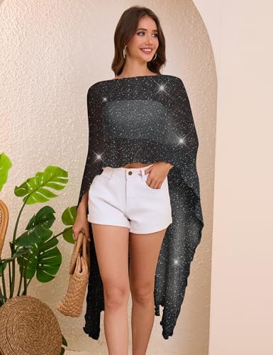 MAKABO Women's Crochet Sheer Poncho Top Lightweight Sparkly Shrug Pullover Knit Bolero Sweater Cover Up Beachwear