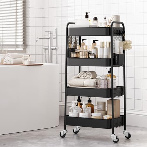 TOOLF 4 Tier Rolling Cart, Metal Utility Storage Cart with Pegboard, Black | 2 Bins & 4 Hooks, Screwless Assembly, Lockable Wheels, Trolley Organizer for Bathroom, Kitchen, Office, Dorm, Craft Room