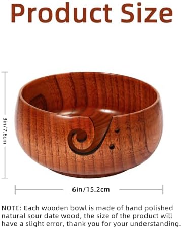 Wooden Yarn Bowl, 6" x 3" Knitting Tool with Holes, Handmade Rounded Edge for Crocheting, Storage Holder for DIY Sewing Supplies